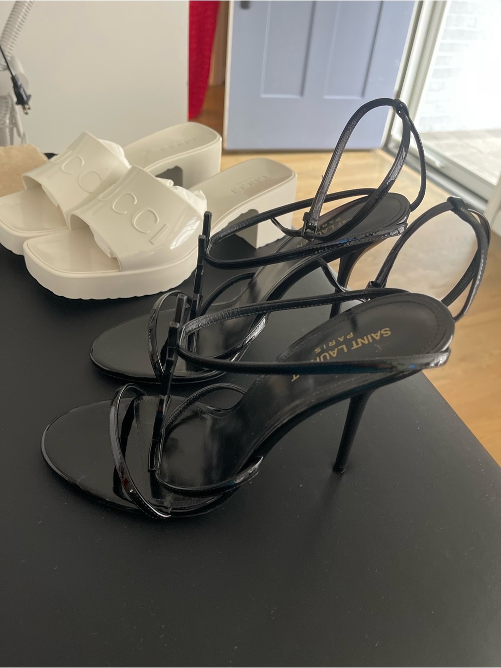 Saint Laurent Black Patent Opyum Logo Stiletto Sandals - Picture 2 of 2